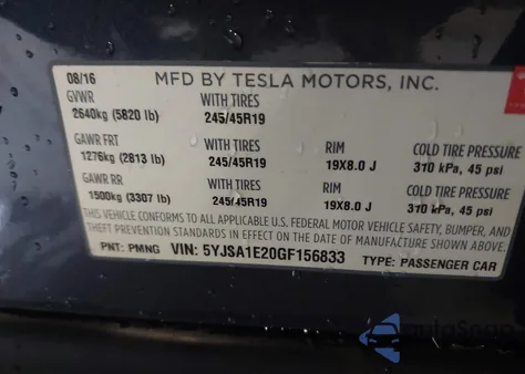 2016 Tesla Model S 60D/70D/75D/85D/90D из США, поврежденный, VIN 5YJSA1E20GF156833